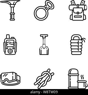 Moderne Wanderausrüstung Icon Set. Umrisse von 9 moderne Wanderausrüstung Vector Icons für Web Design auf weißem Hintergrund Stock Vektor