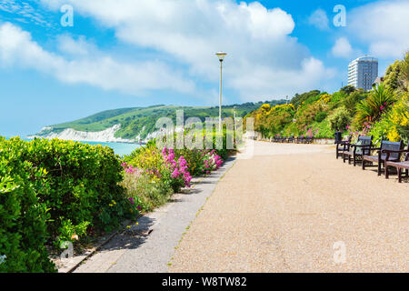 Zu Fuß von Holywell Strand in Eastbourne, East Sussex, England, Blick auf das Meer, Klippen, Buhnen, selektiven Fokus Stockfoto