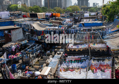 Indien, Bundesstaat Maharashtra, Hauptstadt von Mumbai aka Bombay. Dhobi Ghat open air Wäscheservice. Überblick über massive open-air-Wäsche. Stockfoto