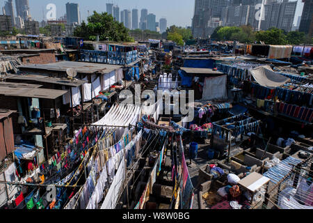 Indien, Bundesstaat Maharashtra, Hauptstadt von Mumbai aka Bombay. Dhobi Ghat open air Wäscheservice. Überblick über massive open-air-Wäsche. Stockfoto