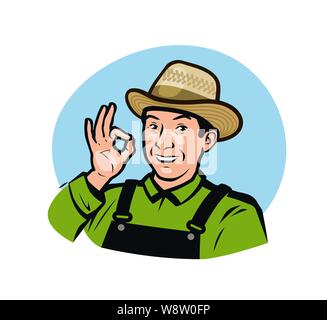 Landwirt in Overalls. Landwirtschaft, Bauernhof Logo. Vector Illustration Stock Vektor