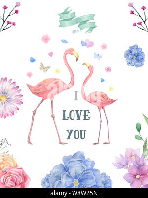 Hochzeit Hochzeit Veranstaltung Einladung Karte Vorlage. Aquarell Blätter, rosa Orchideenblumen und exotische Flamingo Vögel Rahmen auf weißem Hintergrund. Stockfoto