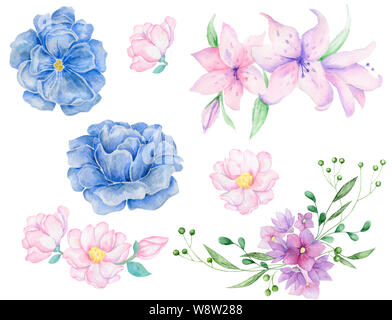 Set der Blumenarrangements. Rosa Rosen und Pfingstrosen mit grünen Blättern. Romantische Gartenblumen. Auf weißem Hintergrund. Garten Blumen für Begrüßung Stockfoto