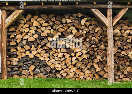 Gestapeltes brennholz Lagerung in Wohngebiet Hinterhof vergossen Stockfoto