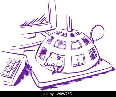 Trap Ermöglicht eine tatsächliche Maus Nagetier auf einem Computer Mouse Pad mit dem alten Spiel Mausefalle Käfig Stock Vektor