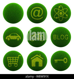 Green Globe mit Gras geschnitten in der Form von Symbol oder Text 3D-Illustration isoliert auf weißem Hintergrund, Icon Set Stockfoto