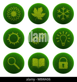 Green Globe mit Gras geschnitten in der Form von Symbol 3D Illustration isoliert auf weißem Hintergrund, Icon Set Stockfoto
