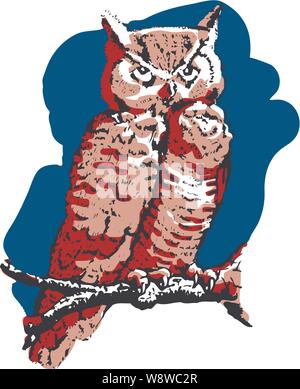 Lose gerenderte Grafik texturierte Eule sitzen auf einem Ast mit Sky in dahinter Stock Vektor