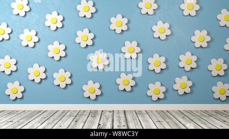 White Daisy Flower 3D-Formen auf einer blauen Wand im Zimmer der 3D-Darstellung Stockfoto