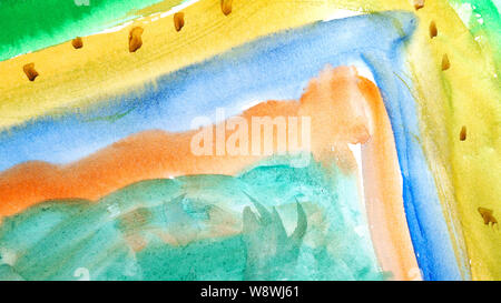 Abstrakte Aquarell Malerei. Hintergründe für Design. Wasser - Schlieren. Emerald, Orange, Blau und Gelb Stockfoto