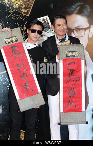 Hong Kong Schauspieler Chow Yun-fat, rechts, und Nicholas Tse, Links, eine Premiere für ihren neuen Film darstellen, von Vegas nach Macau, auch als der Mann aus M bekannt Stockfoto