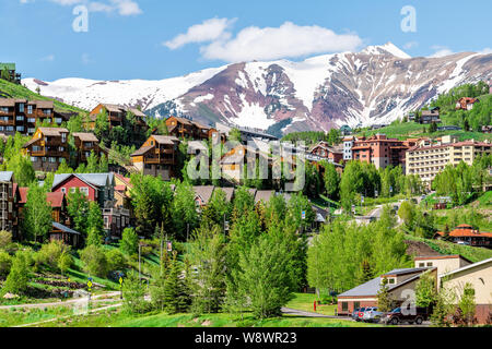 Mount Crested Butte, USA - Juni 21, 2019: Colorado Häuser auf einem Hügel im Sommer mit grünen Bäumen und Schnee Bergblick Stockfoto