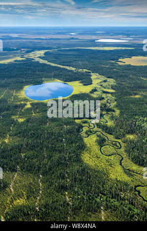 Luftaufnahme von kleinen See und Wicklung stream 60 Kilometer südlich von Fort McMurray, Alberta, Kanada in oilsands Land. Stockfoto