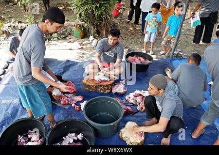 Einige Freiwillige schneiden das Opferfleisch im Eid al Adha-Tag. EID al Adha ist ein traditionelles islamisches Ereignis, bei dem den Armen frisches Fleisch verabreicht wird. Stockfoto