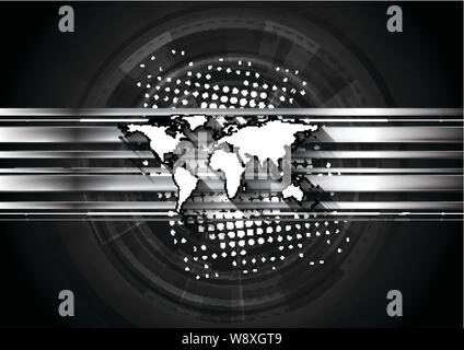 Dunkle Technologie Hintergrund mit Weltkarte und silbernen Streifen. Vektor Grafik Design Illustration Stock Vektor