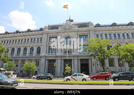 MADRID, Spanien - Juli 2, 2019: Historische Gebäude der Banco de España (der spanischen Zentralbank) die Zentrale der Bank von Spanien Stockfoto