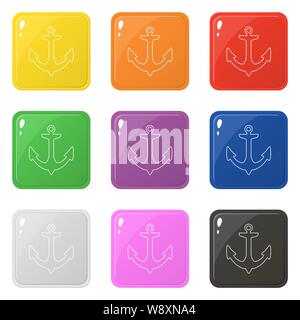 Linienstil Anker Icons Set 9 Farben isoliert auf Weiss. Sammlung von glänzenden quadratischen farbigen Buttons. Vector Illustration für jedes Design. Stock Vektor