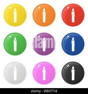 Kerze Icons Set 9 Farben isoliert auf Weiss. Sammlung von glänzende Runde farbige Schaltflächen. Vector Illustration für jedes Design. Stock Vektor