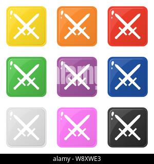 Schwert Waffe Icons Set 9 Farben isoliert auf Weiss. Sammlung von glänzenden quadratischen farbigen Buttons. Vector Illustration für jedes Design. Stock Vektor