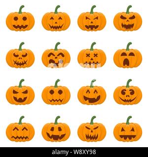 Satz von Halloween Kürbisse isoliert auf weißem Hintergrund. Cartoon orange Kürbis mit verschiedenen Lächeln, lustige Gesichter. Das wichtigste Symbol der Halloween. Au Stock Vektor