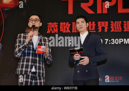 Taiwanesische Sängerin Jam Hsiao, Recht, Haltungen während einer Pressekonferenz für seine 'Triple Jam World Tour Shanghai Concert" in Shanghai, China, 9. September 20. Stockfoto