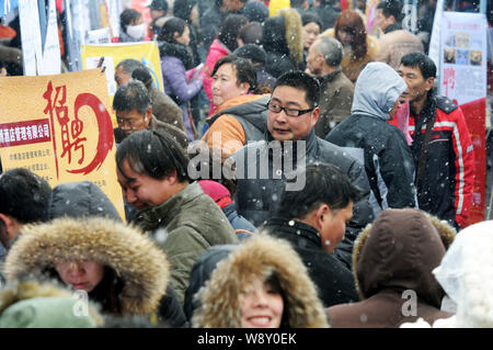 Chinesische Arbeitssuchende Menge ständen auf einer Jobmesse im Schnee in Luoyang City, Central China Provinz Henan, am 9. Februar 2014. Wie das chinesische Neujahrsfest Ja Stockfoto