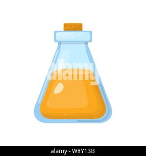 Zaubertrank in Flasche mit orange Flüssigkeit auf weißem Hintergrund. Chemische oder alchemy Elixir. Vector Illustration für jedes Design. Stock Vektor