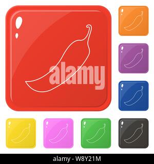 Linienstil chili Icons Set 8 Farben isoliert auf Weiss. Sammlung von glänzenden quadratischen farbigen Buttons. Vector Illustration für jedes Design. Stock Vektor