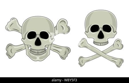 Totenkopf und gekreuzten Knochen auf weißem Hintergrund. Cartoon menschlicher Schädel mit Unterkiefer. Vector Illustration für jedes Design. Stock Vektor