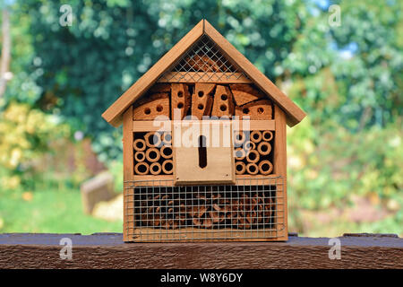 Kleiner bewaldeter Insekt House Hotel in Gärten verwendet, eine Struktur erstellt, Schutz für Insekten wie Bienen, Aussterben zu verhindern. Stockfoto