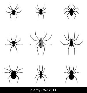 Einstellen der schwarzen Silhouetten von Spinnen auf weißem Hintergrund. Halloween dekorative Elemente. Vector Illustration für jedes Design. Stock Vektor