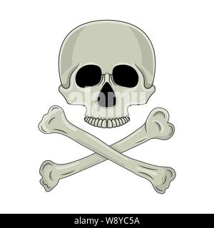 Totenkopf und gekreuzten Knochen auf weißem Hintergrund. Cartoon menschlicher Schädel. Vector Illustration für jedes Design. Stock Vektor