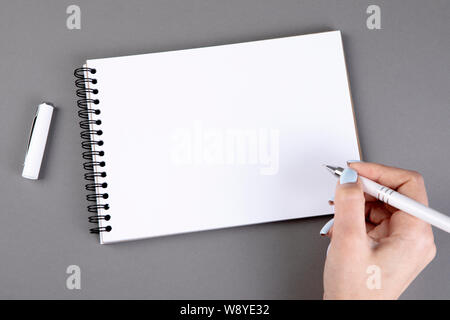 Frau hand mit Bleistift zu schreiben auf Notebook Stockfoto