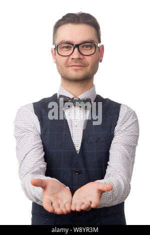 Junge Unternehmer erreicht seine Hände auf weißem Hintergrund Stockfoto