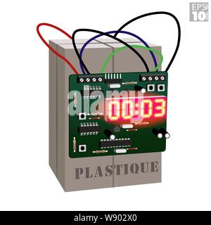 Plastique explosive mit einem digitalen Timer und PCB Board lesen 3 verbleibenden Sekunden vor der Explosion. Stock Vektor