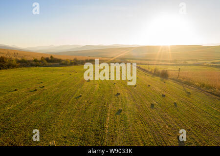 Antenne drone Foto von Heu Brötchen, Ballen im weizenfeld am späten Nachmittag Leuchten Stockfoto