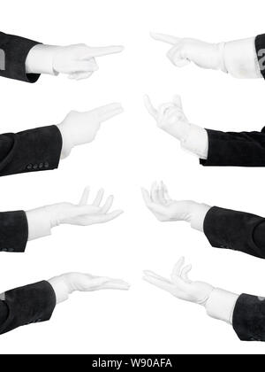 Mann die Hände in weißen Handschuhen und schwarzen Anzug. Holding, zeigt, unterstützen und mit Händen isoliert mit Freistellungspfad Stockfoto