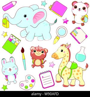 Zurück zu Schule. Vektor für Bildung Symbole in kawaii Stil. Elefanten, Giraffen, Affen, Panda, Kaninchen mit Rucksäcken. EPS8 Stock Vektor