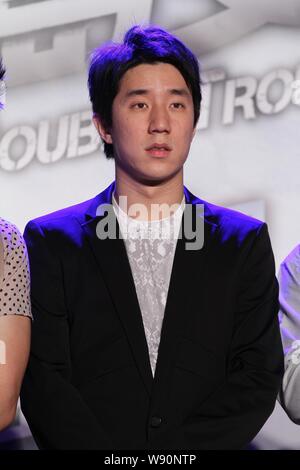 ---- Hong Kong Darsteller Jaycee Chan, der Sohn von Kung Fu Star Jackie Chan, besucht eine Pressekonferenz für seinen Film 'Double Trouble' in Taipei, Taiwan, Stockfoto