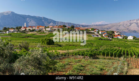 Grscica Altstadt auf dem Hügel. Hügel der Halbinsel Peljesac in der Rückseite Stockfoto