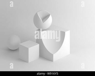 Abstrakte weißen Still life Installation mit primitiven geschnittenen geometrischen Formen. Subtrahieren Sie Boolesche Operation Abbildung. 3D Rendering illustration Stockfoto