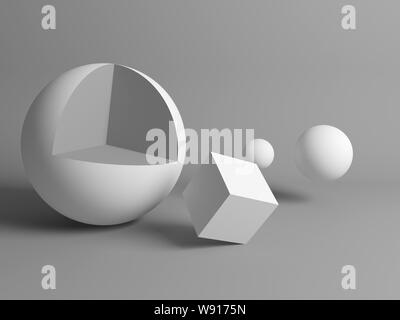 Abstrakte grau Still life Installation mit weißen primitive geometrische Formen. 3D Rendering illustration Stockfoto