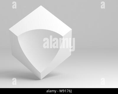 Abstrakt Stillleben installation, white cube mit sphärischen cut-Sektor weicher schattierter Hintergrund. 3D Rendering illustration Stockfoto