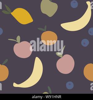 Vektor nahtlose Muster der Früchte: Zitrone, Orange, Banane, Pfirsich, Apfel und Heidelbeeren in einem einfachen Stil auf dunklem lila Hintergrund Stock Vektor