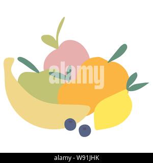 Vector Illustration der Früchte: Zitrone, Orange, Banane, Pfirsich, Apfel und Heidelbeeren in einem einfachen Stil auf weißem Hintergrund Stock Vektor