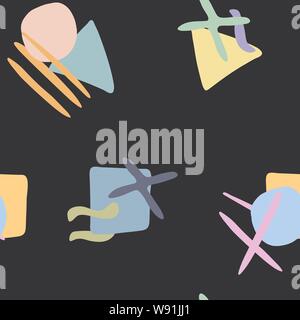 Vektor nahtlose Muster von geometrischen Figuren in Pastellfarben auf schwarzem Hintergrund Stock Vektor