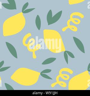 Vektor nahtlose Muster von Zitronen, Blätter und Lebensfreude in einem einfachen Stil auf Minze Hintergrund Stock Vektor