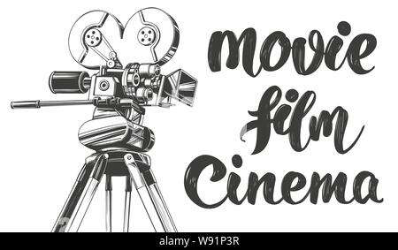 Vintage alten Film Kamera, Kino logo, kalligraphische Text von Hand gezeichnet Vektor-illustration realistische Skizze Stock Vektor