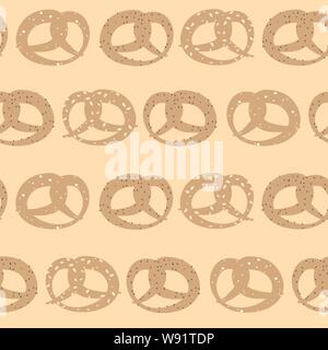 Vektor nahtlose Muster der Brezeln mit Sesam-, Salz- und Mohnsamen auf Pastell gelb Hintergrund Stock Vektor