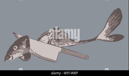 Vector Illustration von Messer in Scheiben geschnitten und Fisch auf blauem Hintergrund Stock Vektor